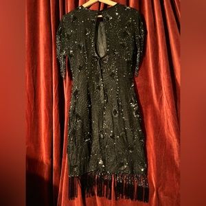 Vintage Silk Stenay Dress with Sequin/Bead Bodice & Fringe Detail Size 6